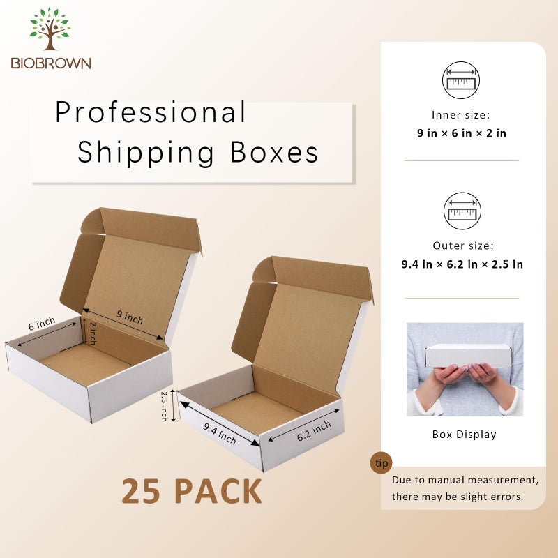 BIOBROWN 9x6x2"" 25 Pack Corrugated Cardboard Boxes Small Shipping Box for Packaging Small Business Mailer Mailing White - Image 2
